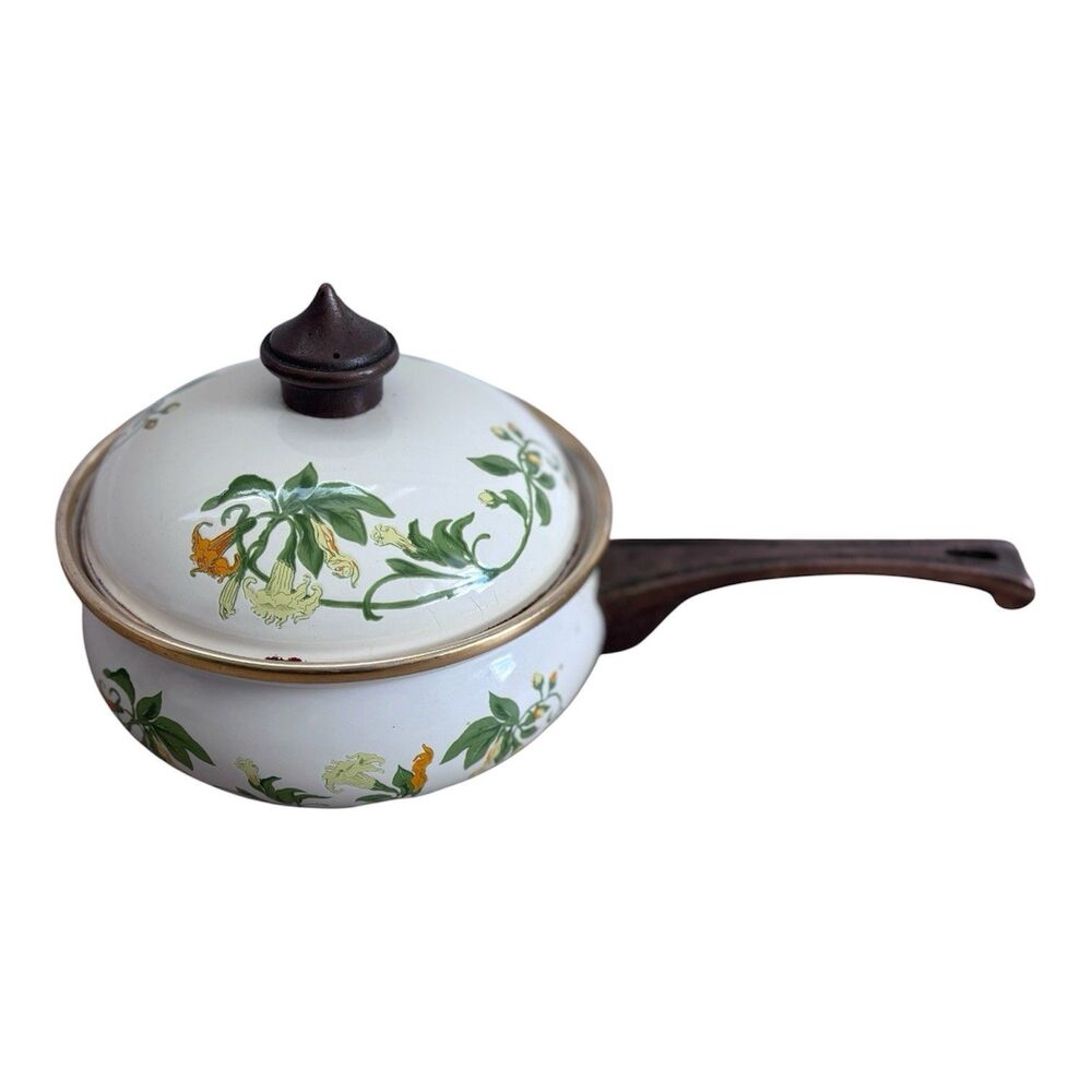 VTG ASTA Enamelware Saucepan Lid Angel Trumpet Floral Cookware West Germany 6 In
